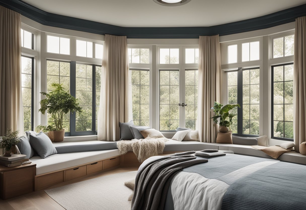 A cozy bedroom with bay windows, featuring a built-in window seat with storage underneath. The room is decorated with light and airy curtains, and the windows offer a beautiful view of the outdoors