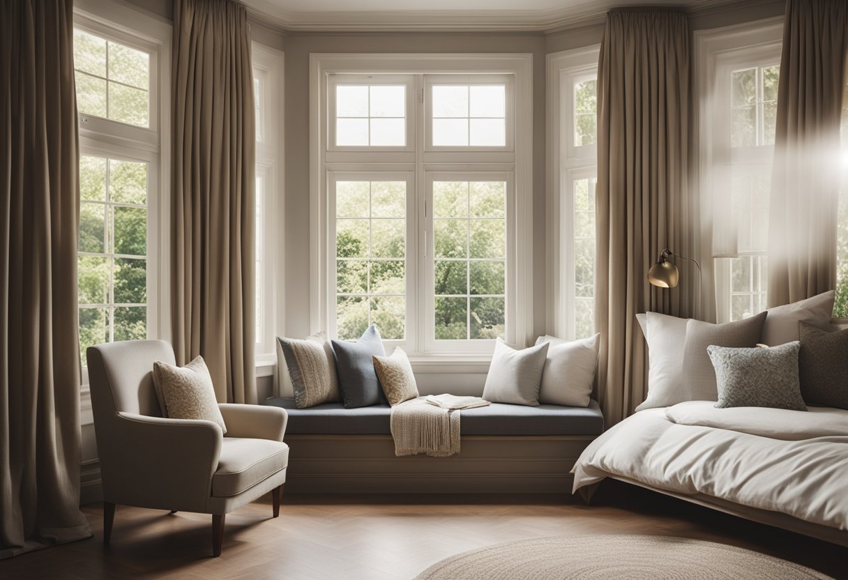A cozy bedroom with a bay window, adorned with flowing curtains and a cushioned seat. Sunlight streams in, illuminating the room's elegant decor