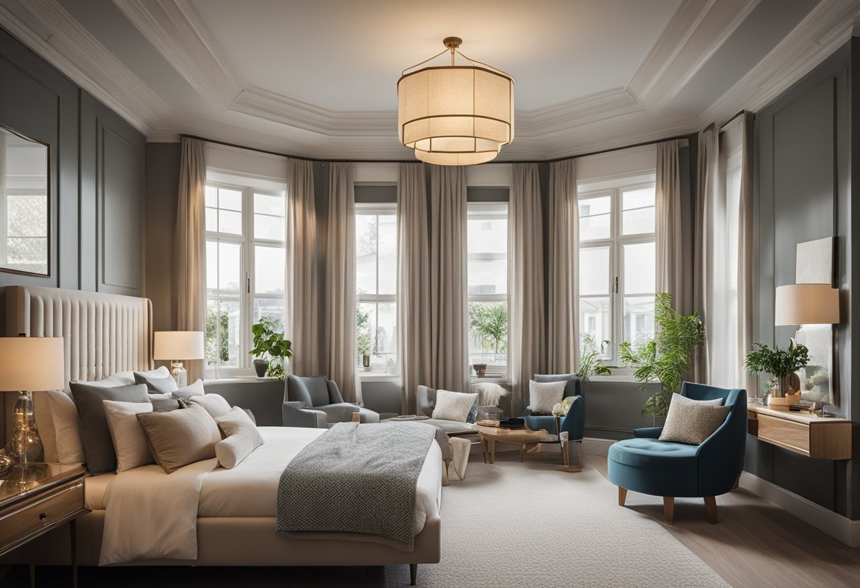 A bedroom with a bay window featuring various design options for illustration