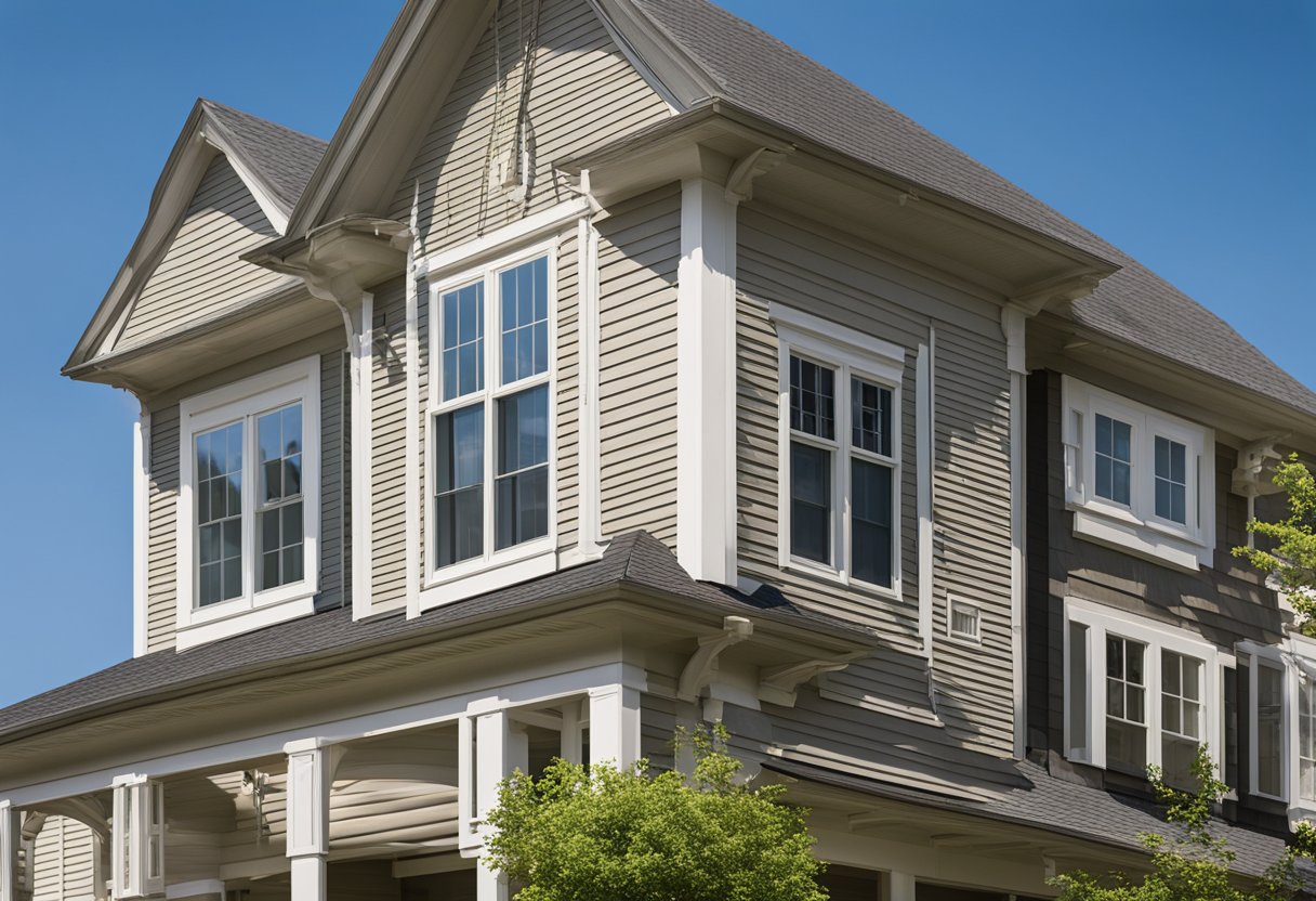 Hardie siding outlasts other materials. Show a deteriorating house with peeling paint, while a neighboring house with Hardie siding remains pristine