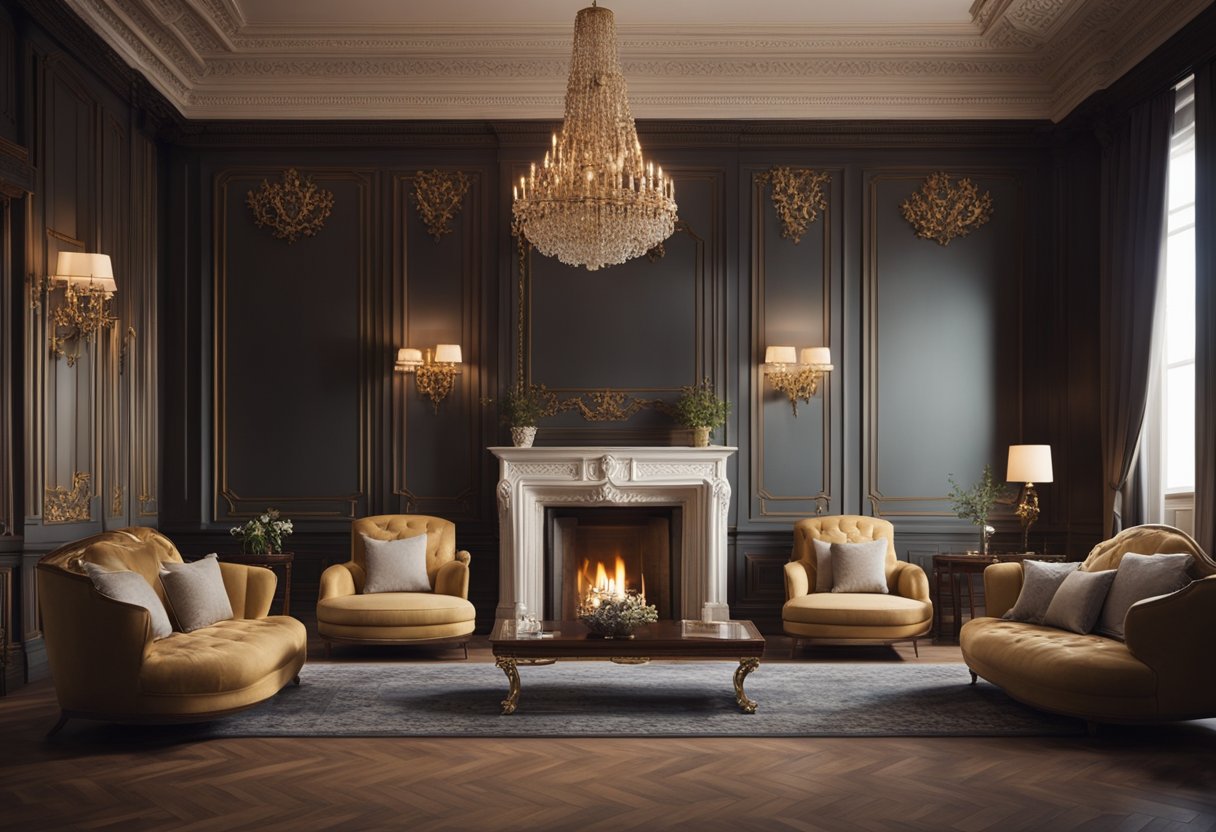 A grand fireplace, ornate moldings, and plush furniture define the classic English style interior. Rich wood paneling and luxurious textiles complete the elegant ambiance