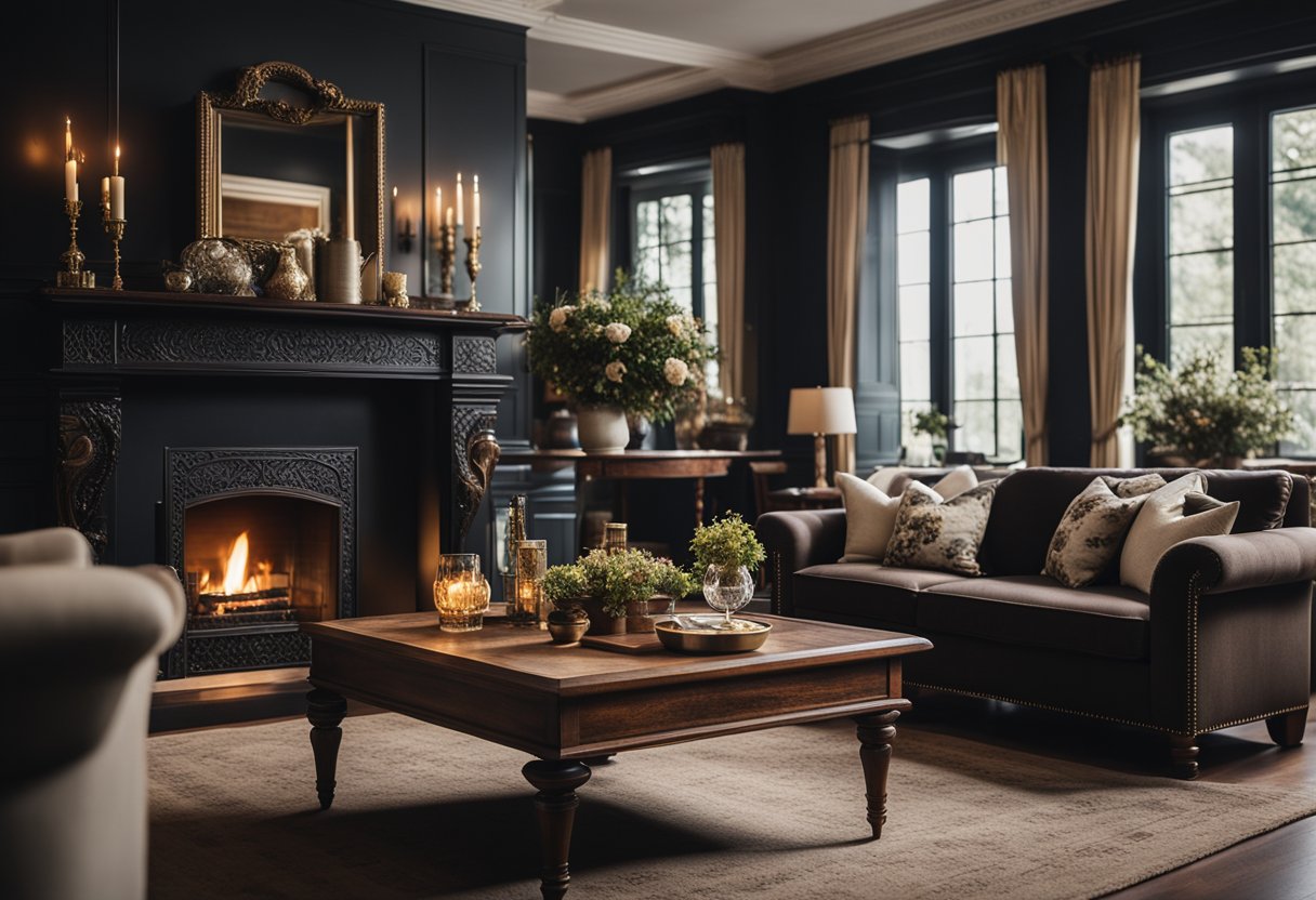 A cozy living room with elegant furniture, floral patterns, and rich, dark wood accents. A fireplace and traditional decor complete the classic English style