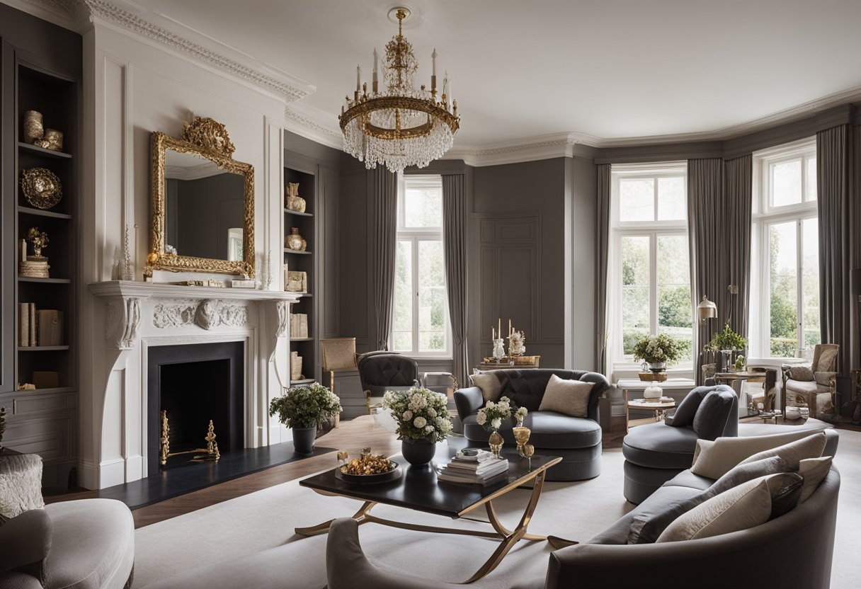 A grand fireplace stands as the focal point in a spacious, elegant living room. Classic English furniture and decor are seamlessly integrated with modern elements, creating a harmonious blend of tradition and contemporary style