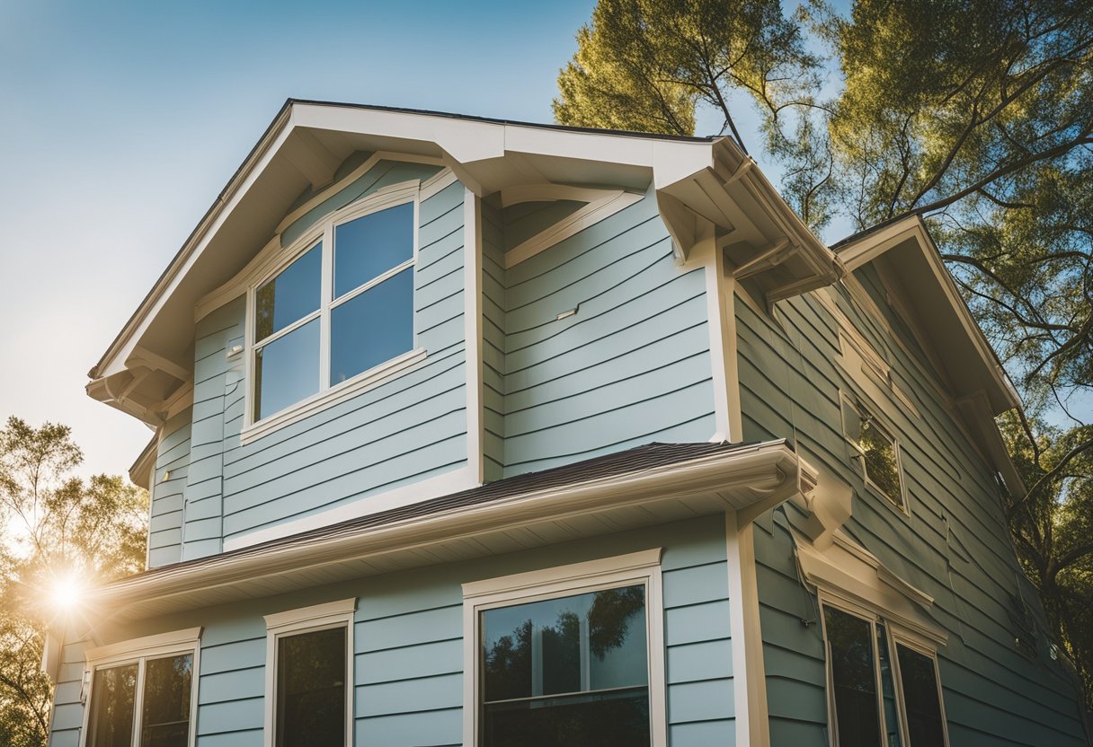 A suburban house with Hardie siding, surrounded by trees and a blue sky. Cost factors, such as material quality and installation, are visually emphasized