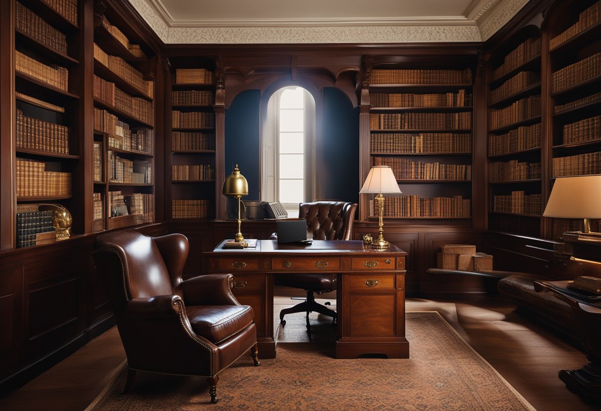A cozy study with a leather armchair, mahogany bookshelves, a vintage globe, and a traditional desk with a brass lamp. Classic English style decor and patterned wallpaper complete the scene