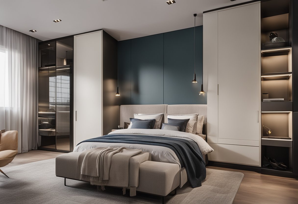 A modern bedroom with sleek, built-in cupboards, featuring clean lines, and a minimalist color palette