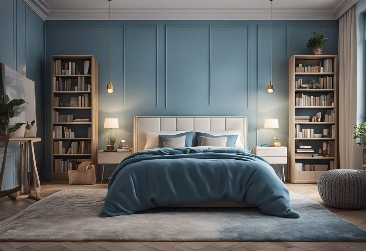 A well-lit bedroom with a cozy bed, a small desk, and a bookshelf filled with books. The walls are painted a calming blue, and there are soft, plush rugs on the floor
