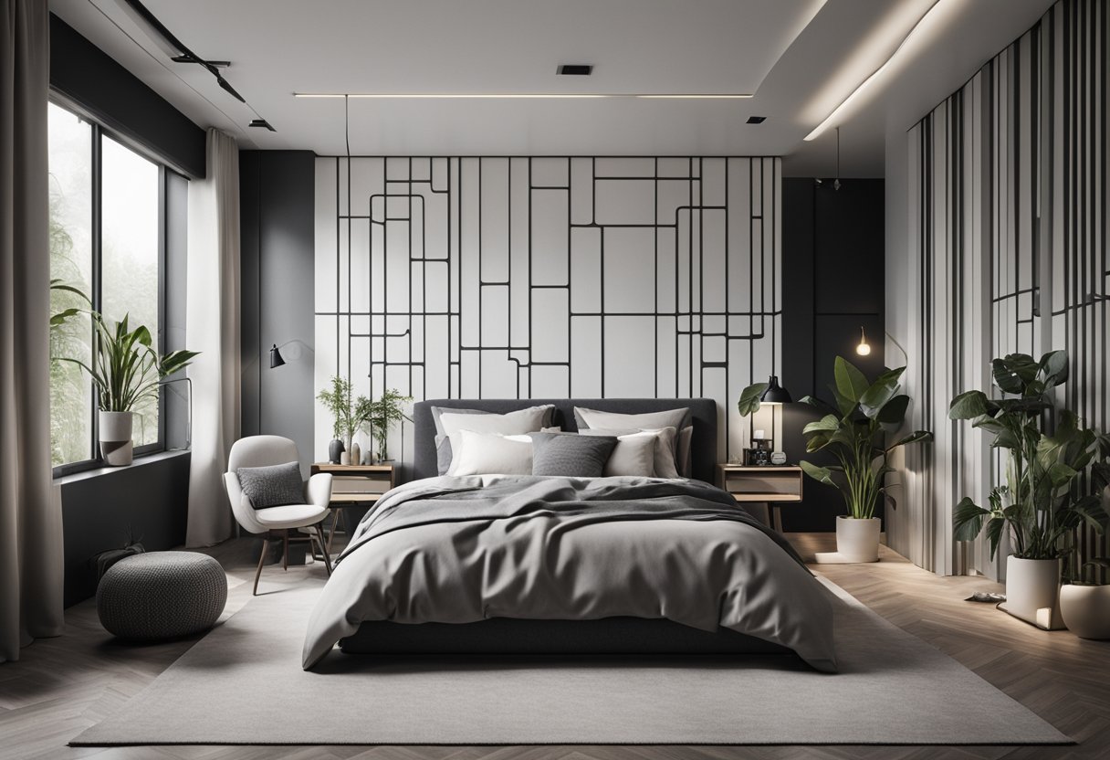 A modern bedroom with minimalist furniture, monochrome color scheme, and geometric patterns on the walls