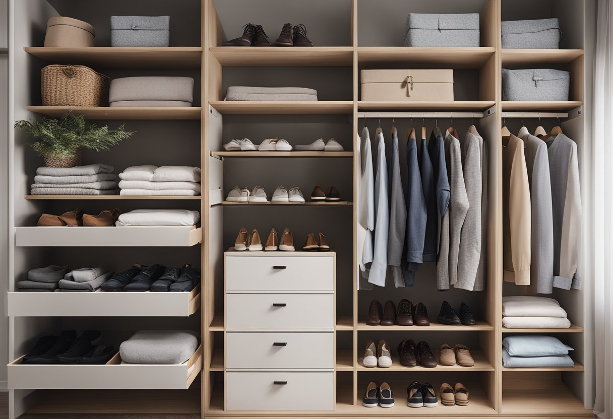 A bedroom with a spacious, organized cupboard filled with neatly folded clothes and neatly arranged shelves for shoes and accessories