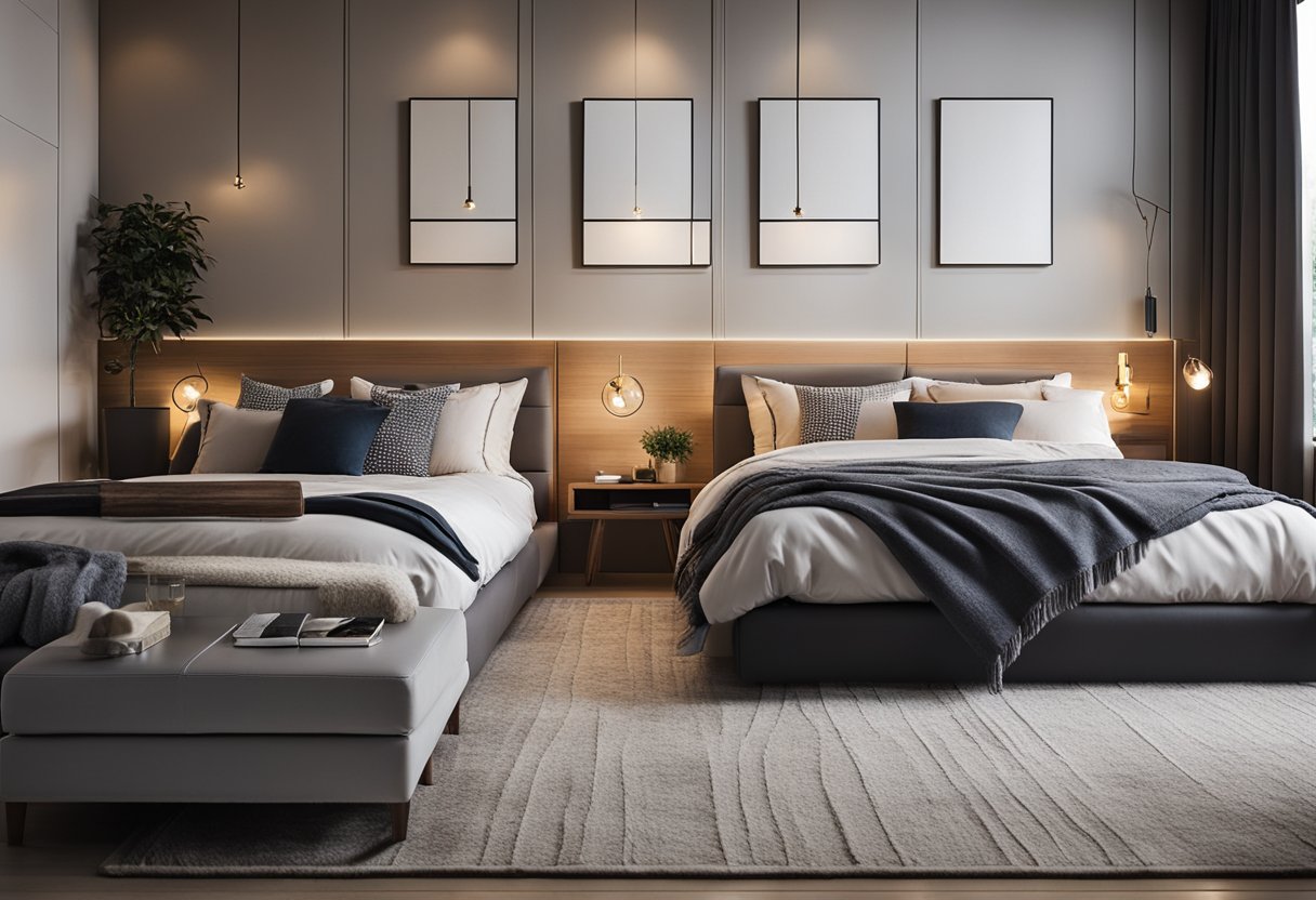 A cozy and modern interior design for a bedroom with a clean and organized layout, featuring a comfortable bed, stylish furniture, and warm lighting