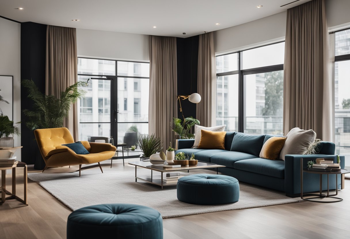 A modern living room with sleek furniture, minimalistic decor, and a pop of color. Clean lines and open space create a sense of sophistication and luxury