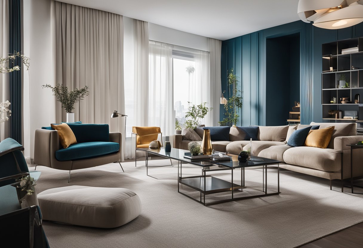 A sleek, modern living room with clean lines, bold colors, and innovative furniture arrangements. A focus on unique lighting and geometric patterns