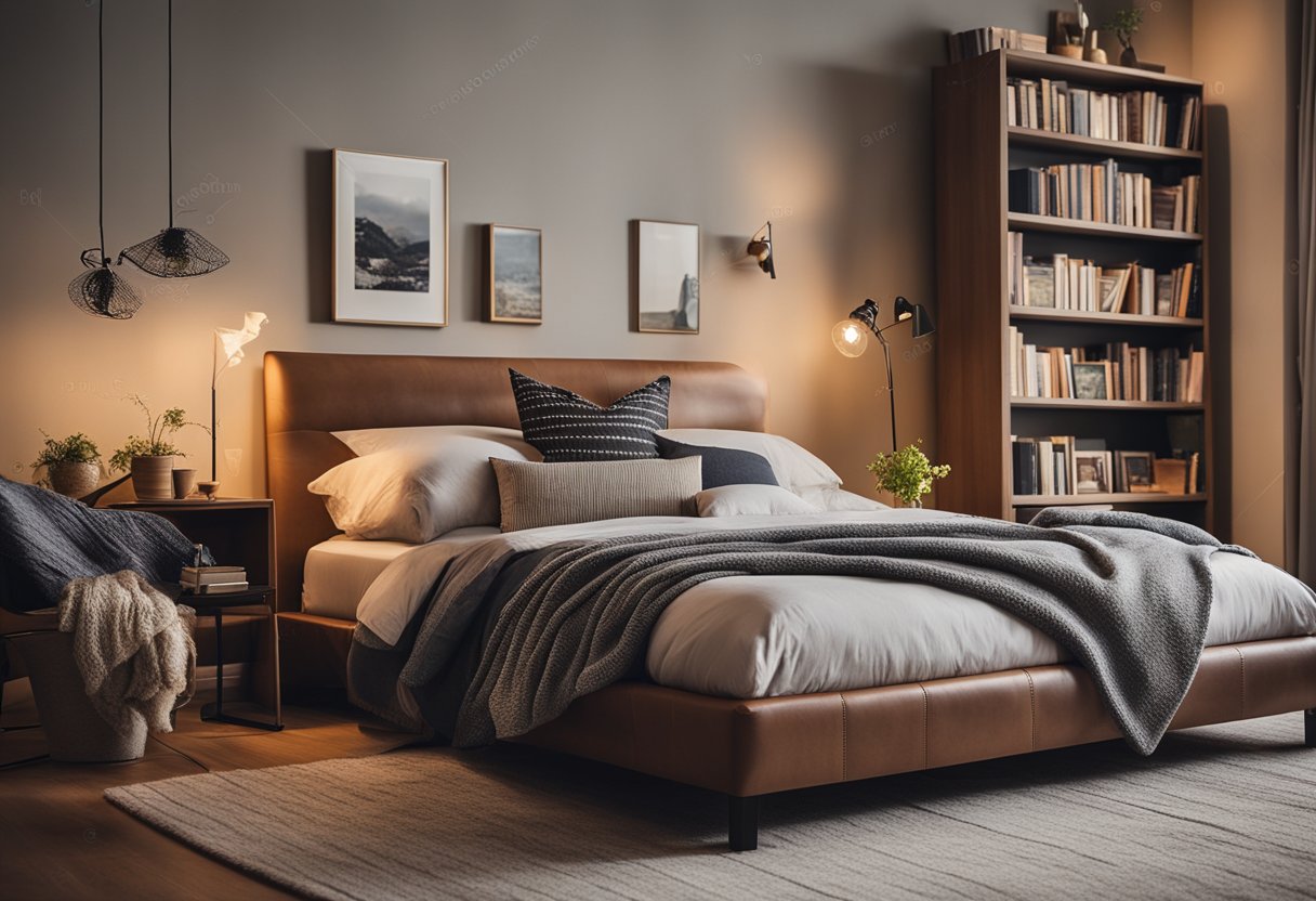 A cozy bedroom with warm lighting, soft blankets, and a plush rug. A bookshelf filled with books, a comfortable armchair, and a small desk with a reading lamp complete the inviting space