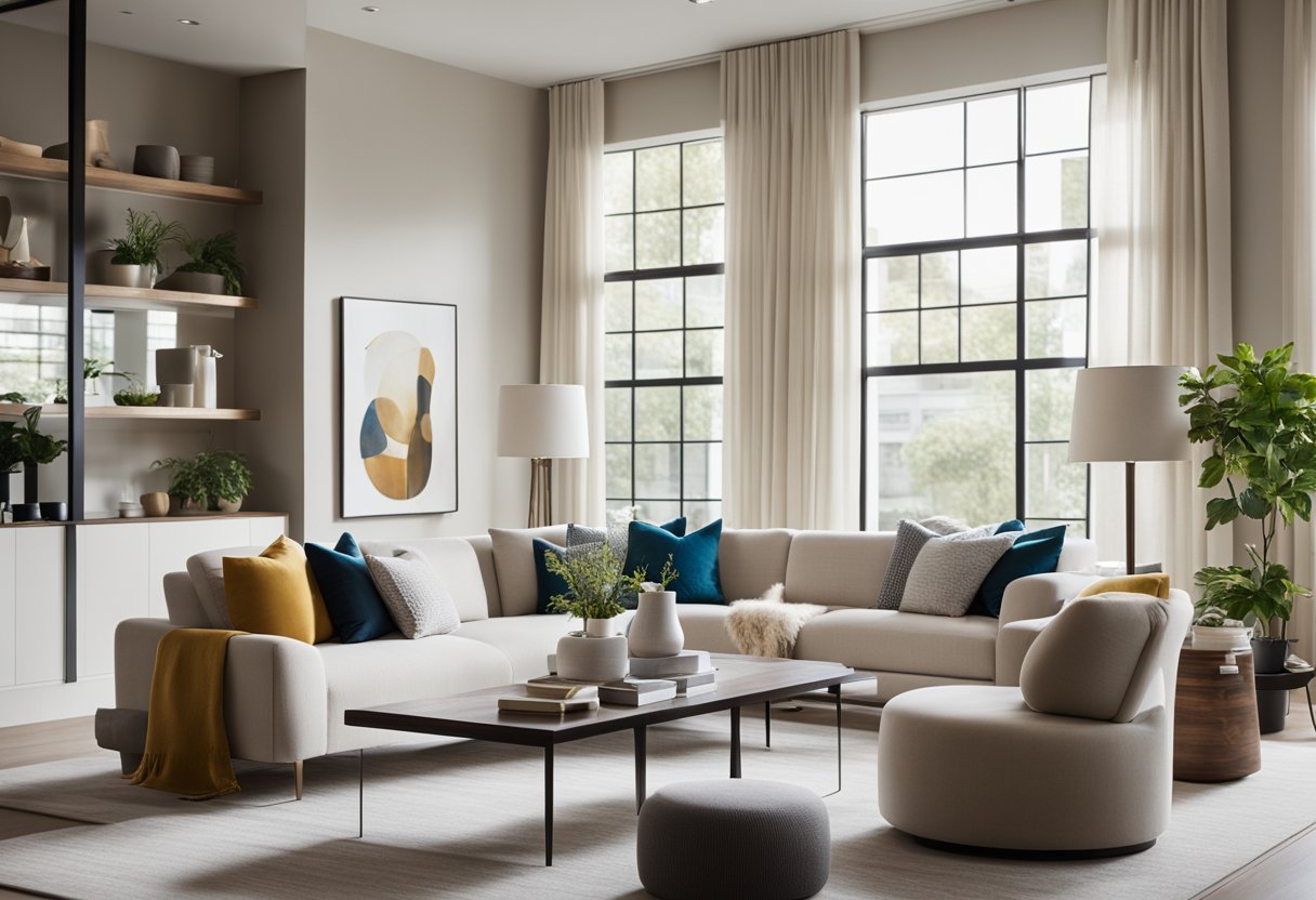 A sleek, modern living room with clean lines, neutral colors, and pops of vibrant accents. A large window lets in natural light, highlighting the carefully curated furniture and decor