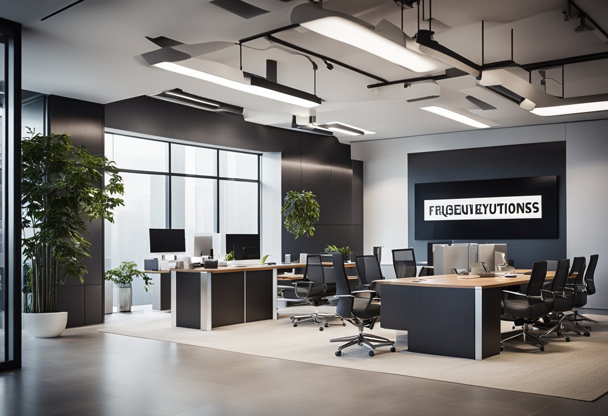 A sleek modern office with a large "Frequently Asked Questions" sign displayed prominently in the forefront, surrounded by stylish interior design elements