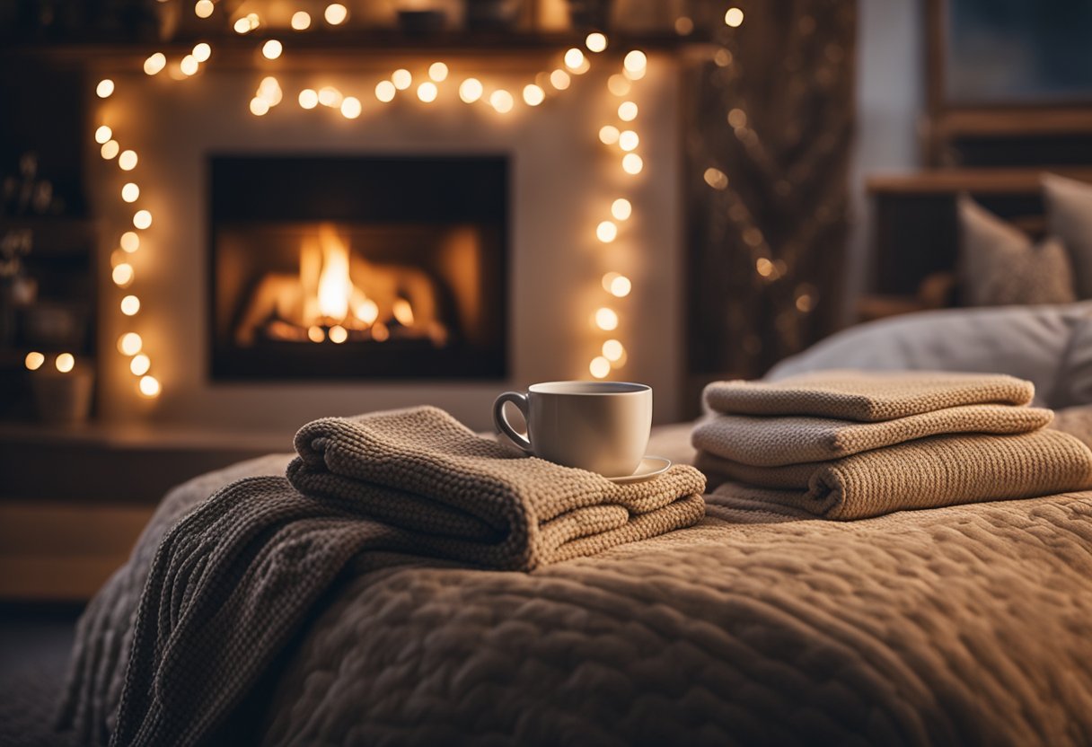 A cozy bedroom with soft, warm lighting, plush blankets, and a crackling fireplace, inviting and comfortable