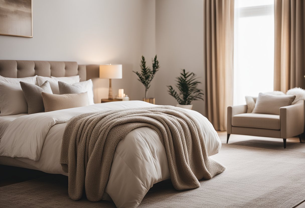 A warm, inviting bedroom with soft, neutral colors, plush pillows, and a fluffy throw blanket. A reading nook with a comfy chair and a soft rug completes the cozy retreat