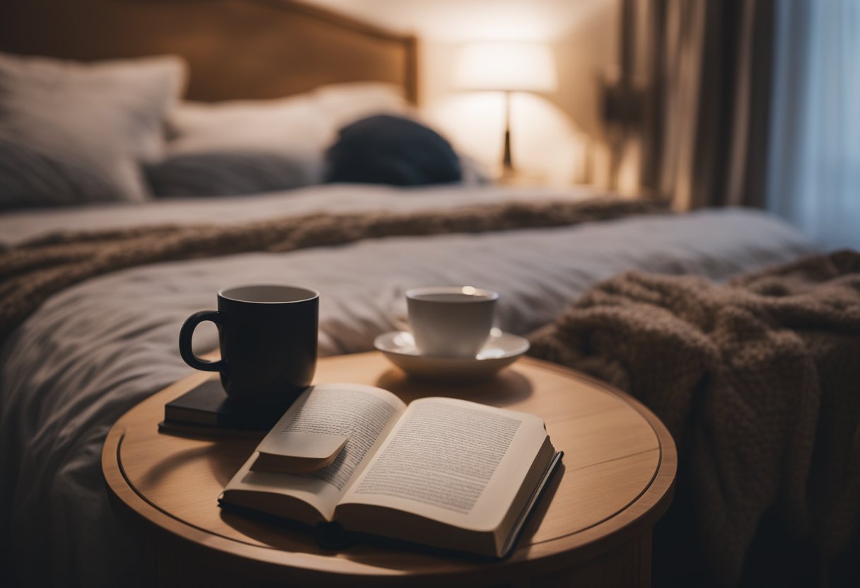 A cozy bedroom with warm lighting, soft blankets, and a comfortable reading nook. A stack of books and a mug of tea sit on the bedside table
