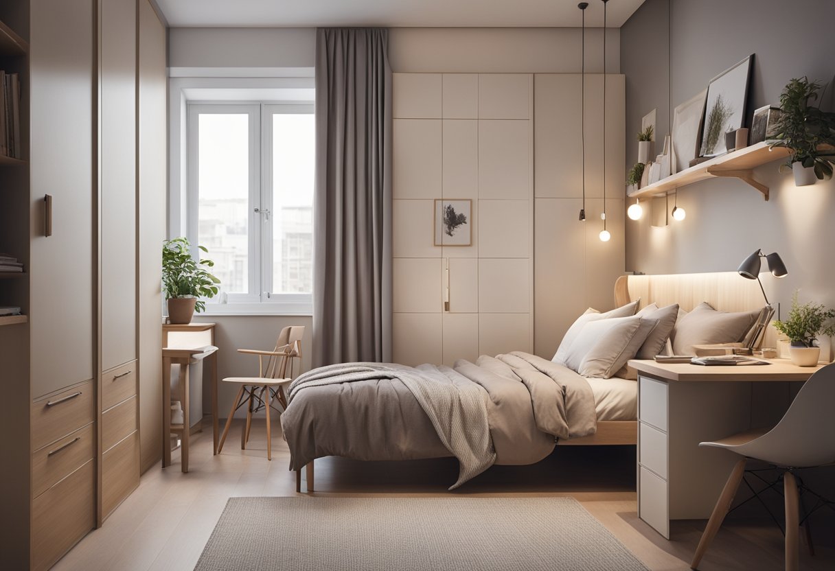 A cozy small bedroom with a single bed, a compact desk, and a built-in wardrobe. Soft lighting and neutral colors create a serene atmosphere