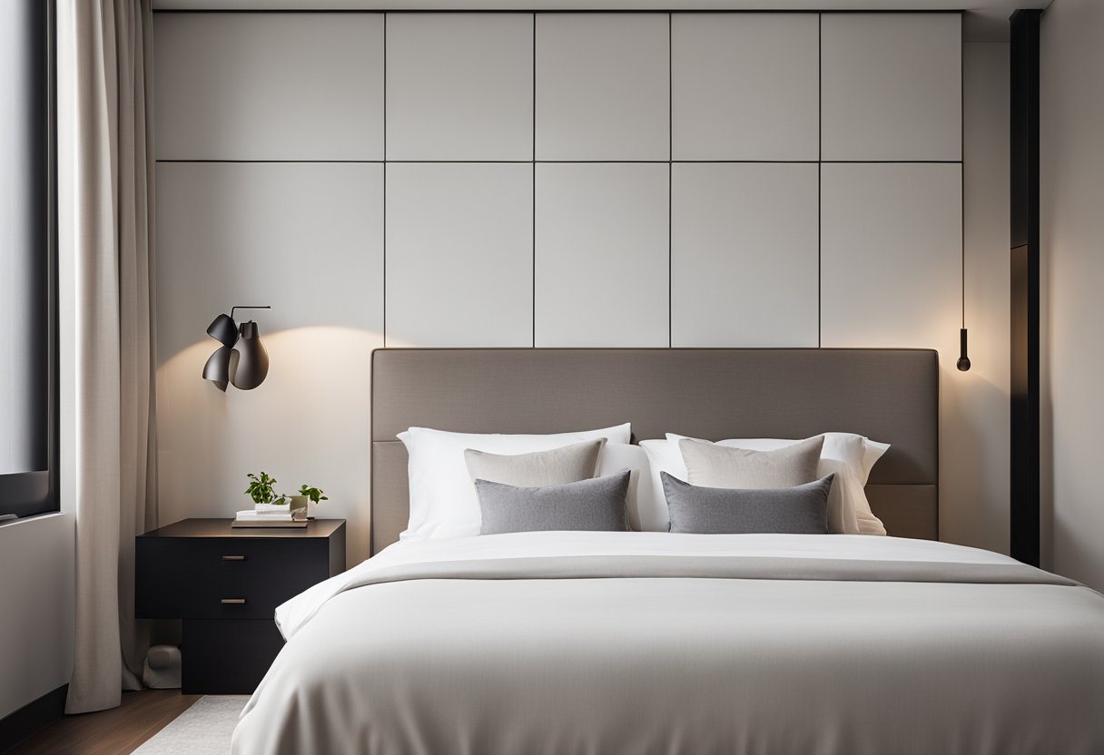A simple bedroom with clean lines, neutral colors, and uncluttered surfaces. A platform bed with crisp white linens sits against a wall adorned with a single piece of art. A sleek, modern lamp provides soft lighting, and a small p