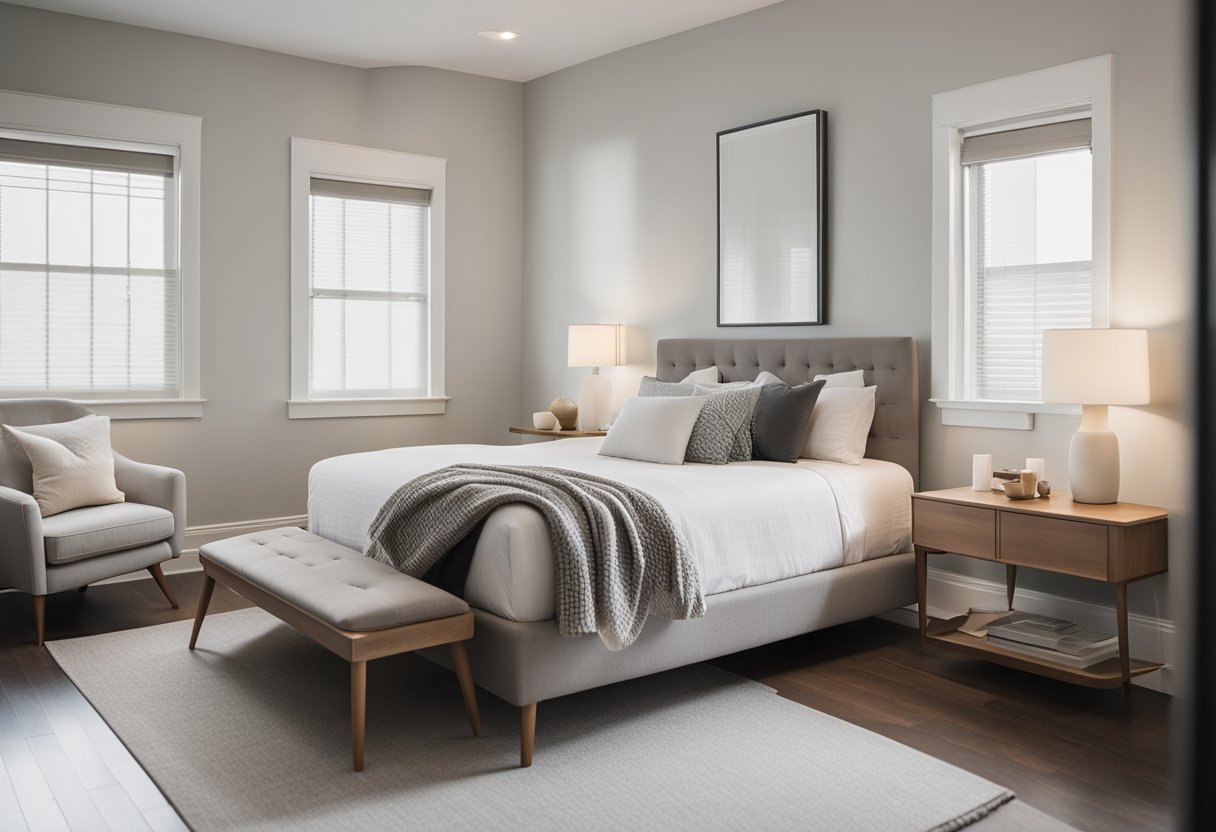A simple, uncluttered bedroom with clean lines, neutral colors, and minimal furniture. A platform bed with no headboard, a sleek dresser, and a few carefully chosen decor pieces