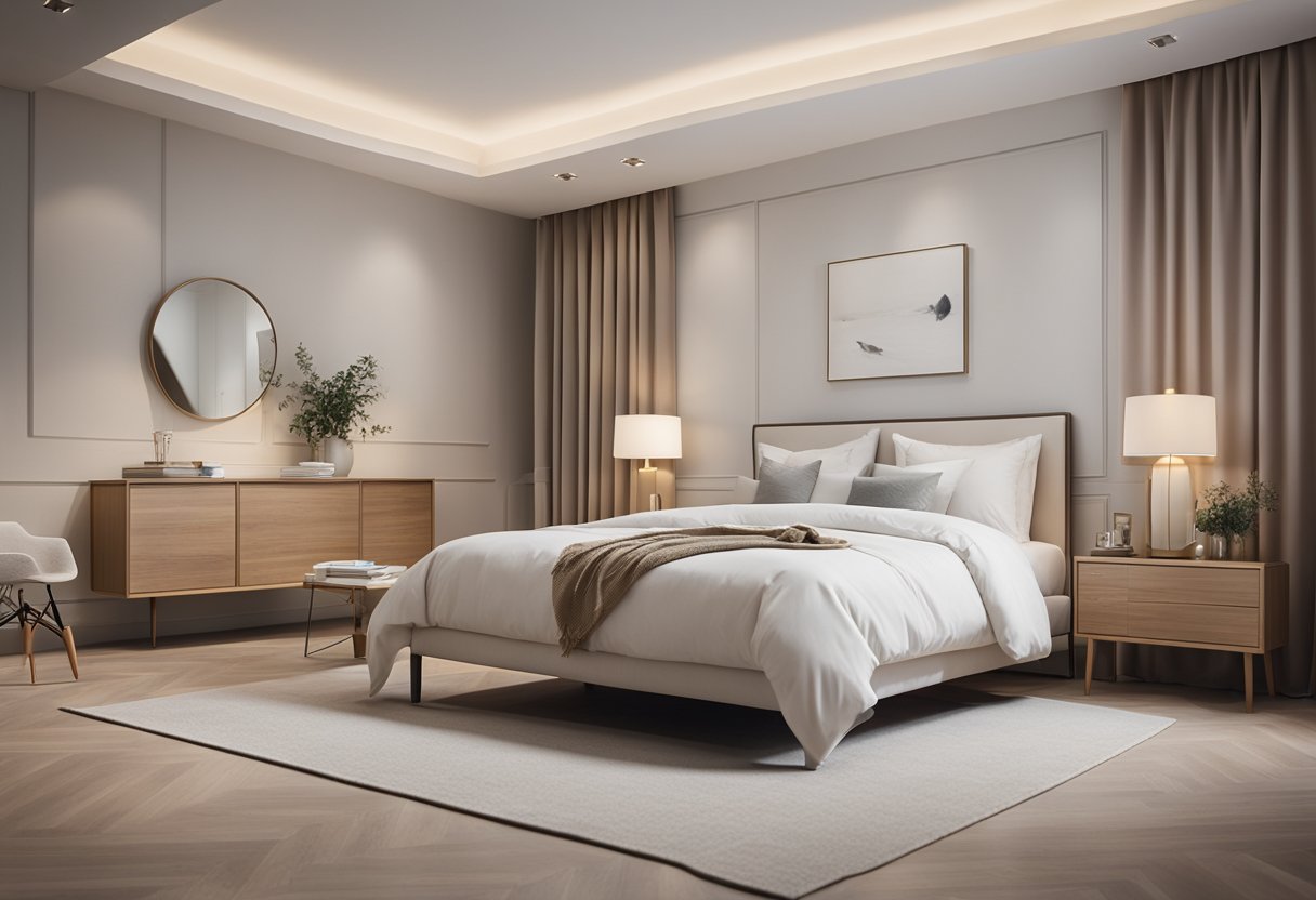 A serene bedroom with clean lines, neutral colors, and simple furniture. A single piece of art hangs on the wall, casting a soft glow on the room