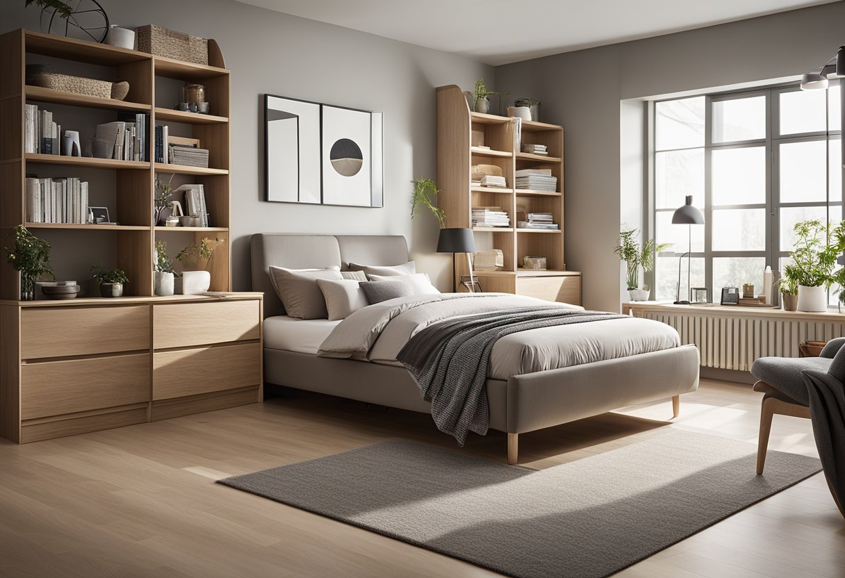 A small bedroom with clever space-saving furniture, neutral colors, and ample natural light. A built-in storage bed and floating shelves maximize floor space