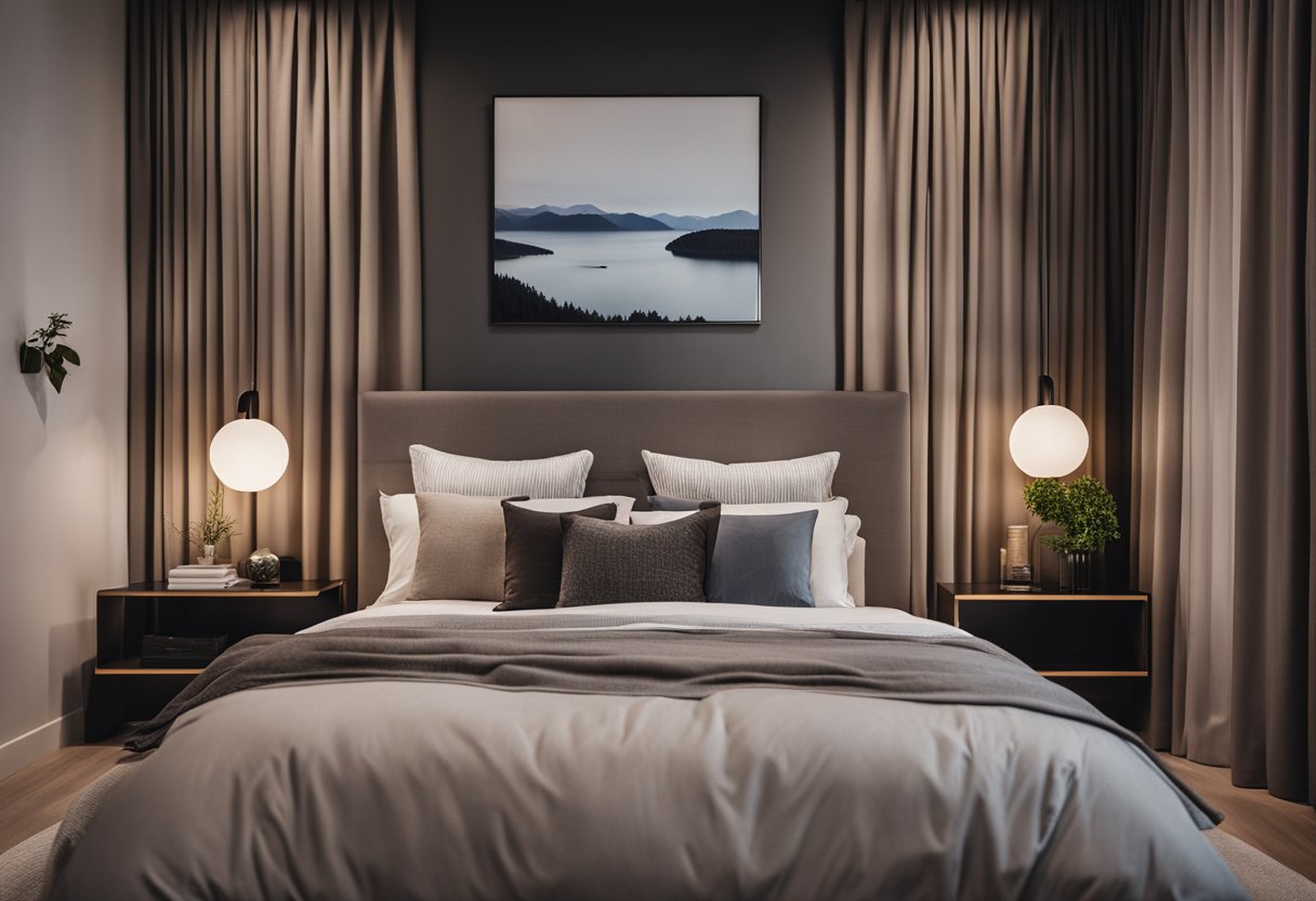 A cozy bedroom with a large bed, soft pillows, a warm duvet, and a stylish nightstand with a lamp. The room features modern decor, including a sleek wardrobe and a window with flowing curtains