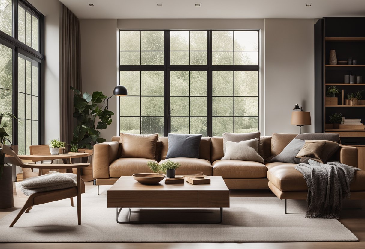 A cozy living room with minimalist furniture, natural materials, and earthy tones. Large windows let in the soft, natural light, highlighting the clean lines and functional yet stylish decor
