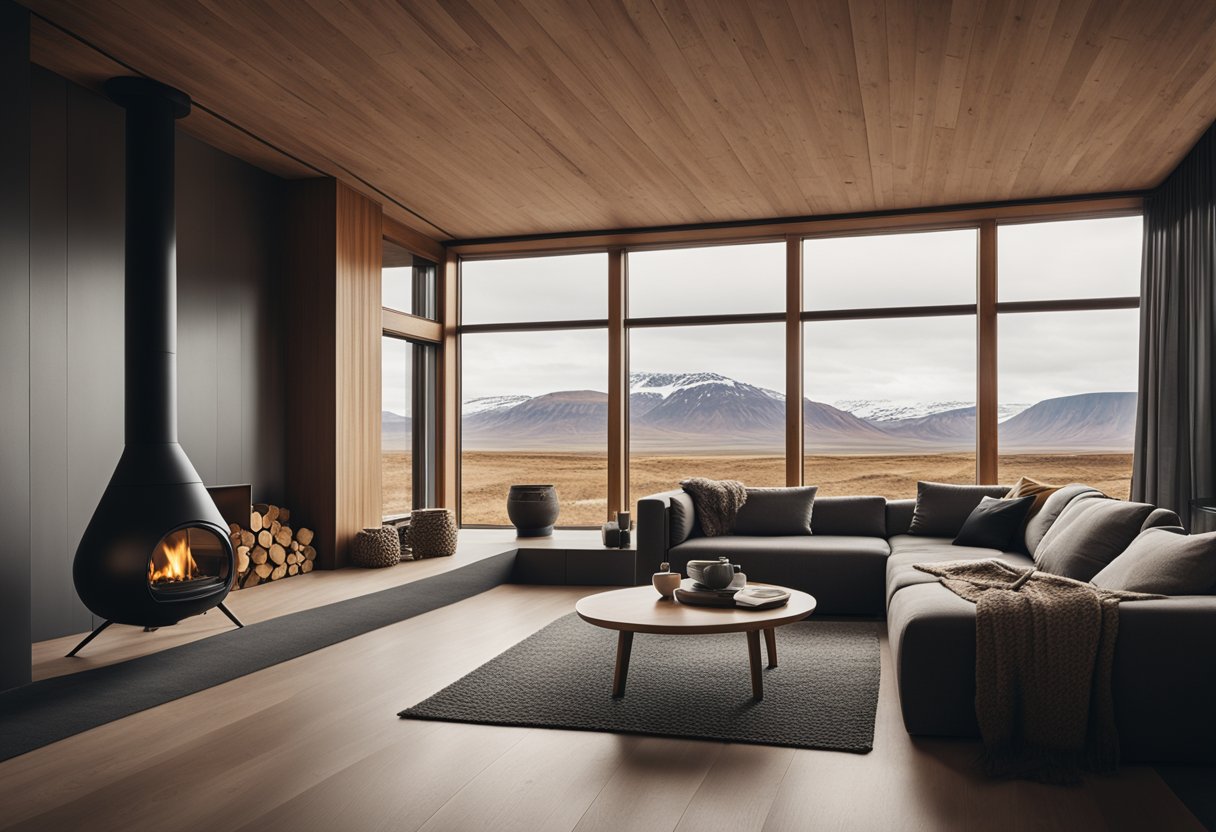 A cozy living room with earthy tones, natural materials, and minimalistic furniture, featuring a fireplace and large windows with a view of the Icelandic landscape