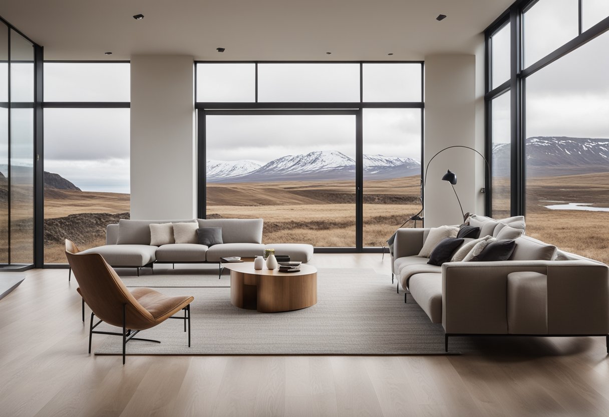 A modern, minimalist living room with sleek furniture, neutral colors, and natural materials. Large windows let in natural light, showcasing Icelandic landscapes in the distance