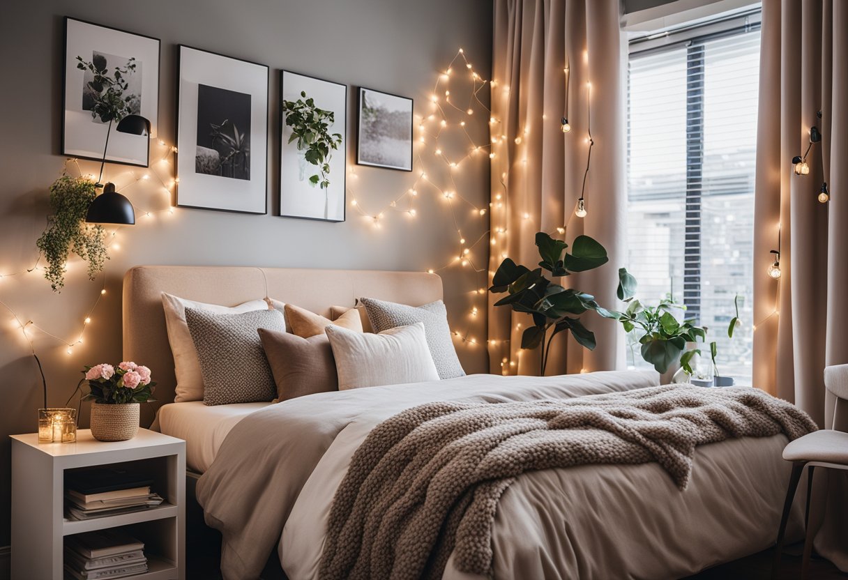 A cozy bedroom with a floral accent wall, string lights, and a plush seating area by the window. A desk with a stylish chair and a gallery wall of inspirational quotes