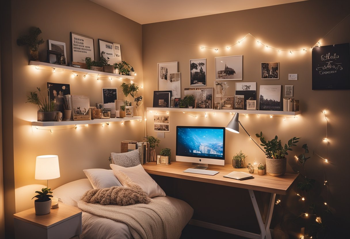 A cozy, colorful bedroom with a comfy bed, string lights, and a desk for studying. A wall adorned with photos, posters, and shelves filled with books and trinkets