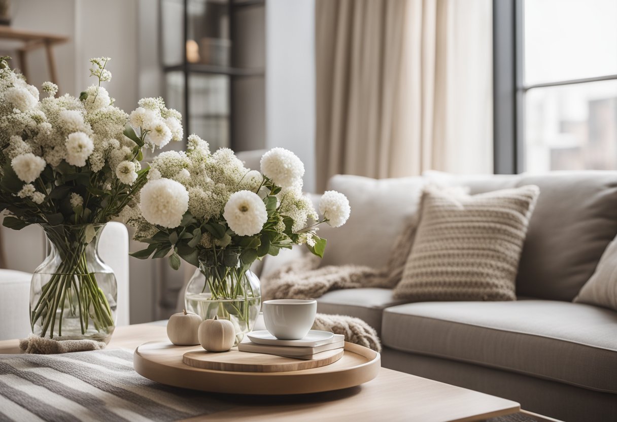 A cozy living room with a neutral color palette, a plush sofa, and a coffee table adorned with a vase of fresh flowers. Large windows let in natural light, and the room is accented with decorative throw pillows and a soft area rug