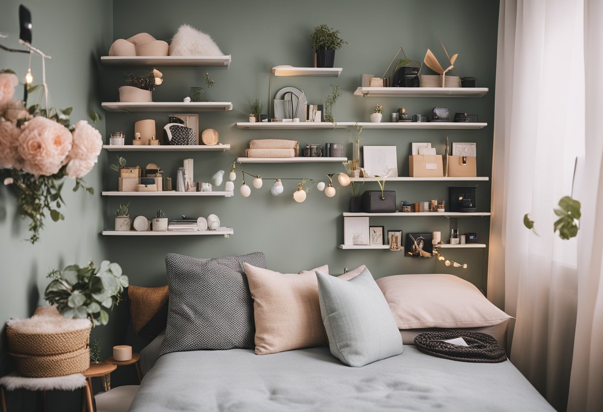 Teenage girl's bedroom: Organized shelves hold fashion accessories, while stylish decor accents the room