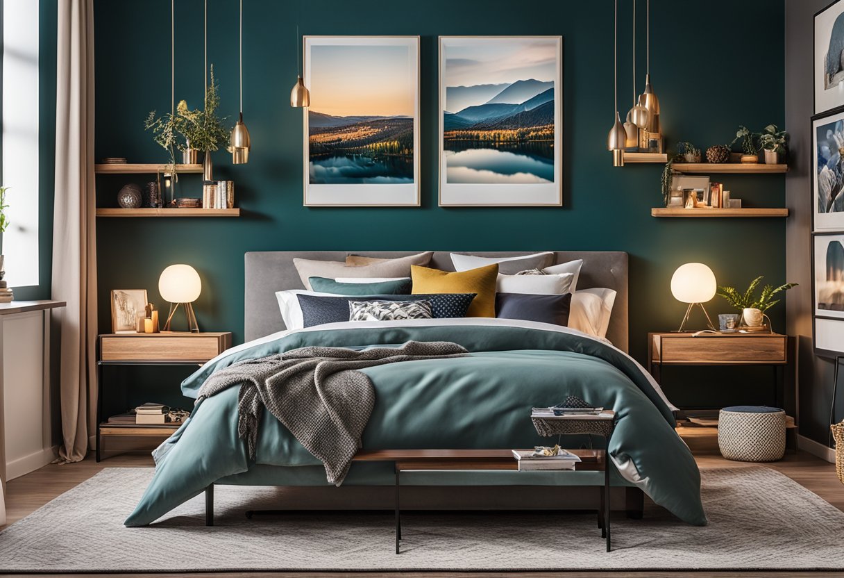 A cozy bedroom with vibrant colors, a stylish desk, and a comfortable bed. Wall art and shelves display personal items. Textured rugs and throw pillows add warmth