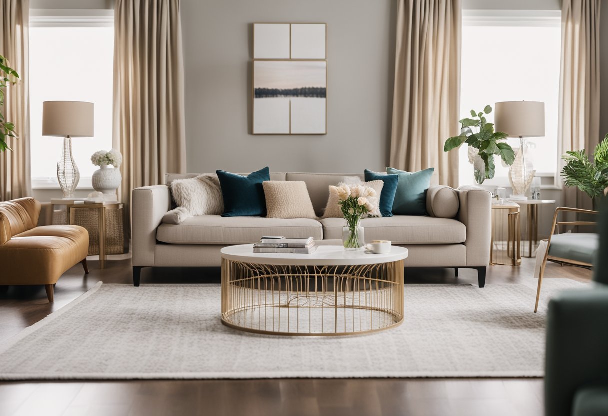 A well-lit living room with a cozy sofa, a coffee table, and a rug. The room has a neutral color palette with pops of color in the form of throw pillows and artwork