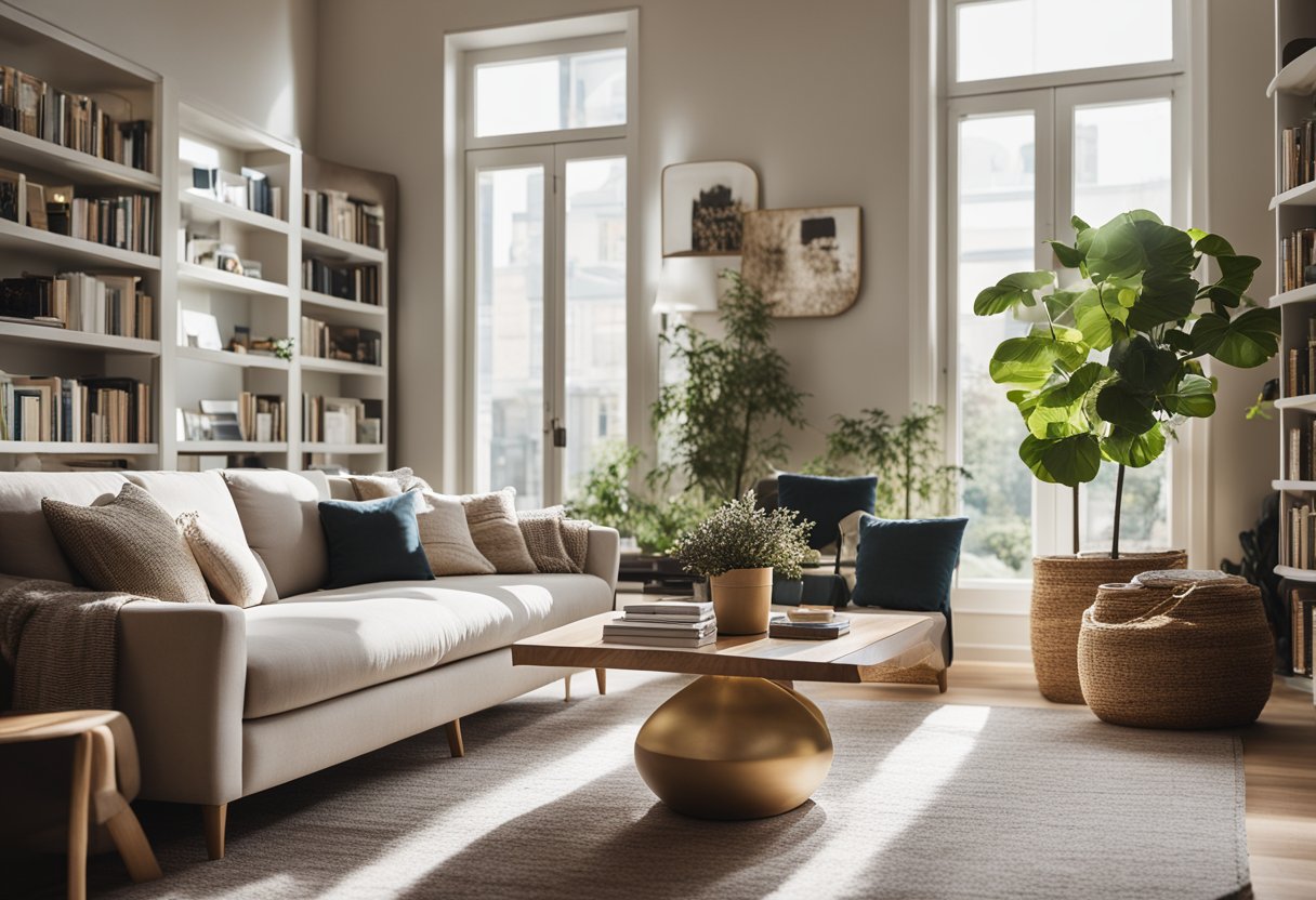 A cozy living room with a comfortable sofa, a stylish coffee table, and a modern rug. A bookshelf filled with design books and decorative objects. Bright natural light streaming in through large windows