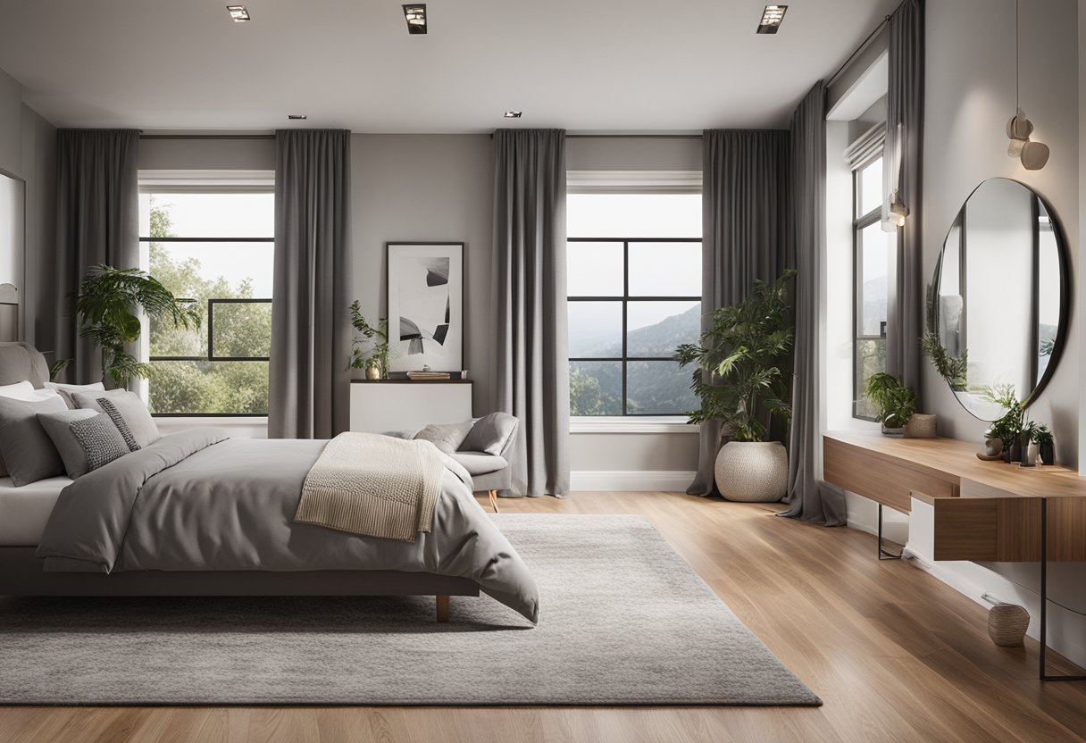 A spacious bedroom with hardwood flooring, adorned with a plush area rug and large windows allowing natural light to fill the room