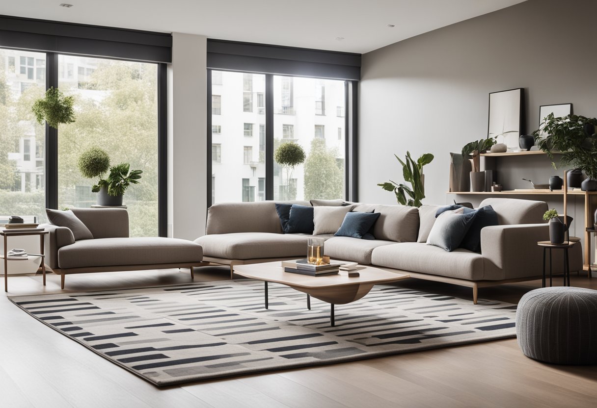 A modern living room with a sleek sofa, geometric rug, and minimalist decor. Large windows let in natural light, showcasing the clean lines and neutral color palette