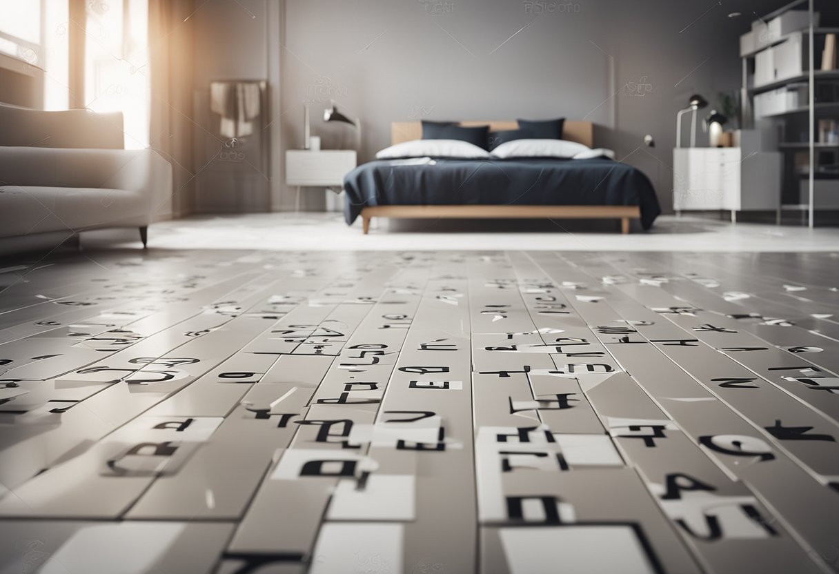 A bedroom floor with FAQ symbols scattered across a clean, modern design