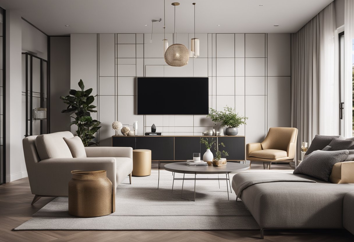 A modern living room with sleek furniture, neutral colors, and geometric patterns. Natural light floods the space, highlighting the clean lines and minimalist decor