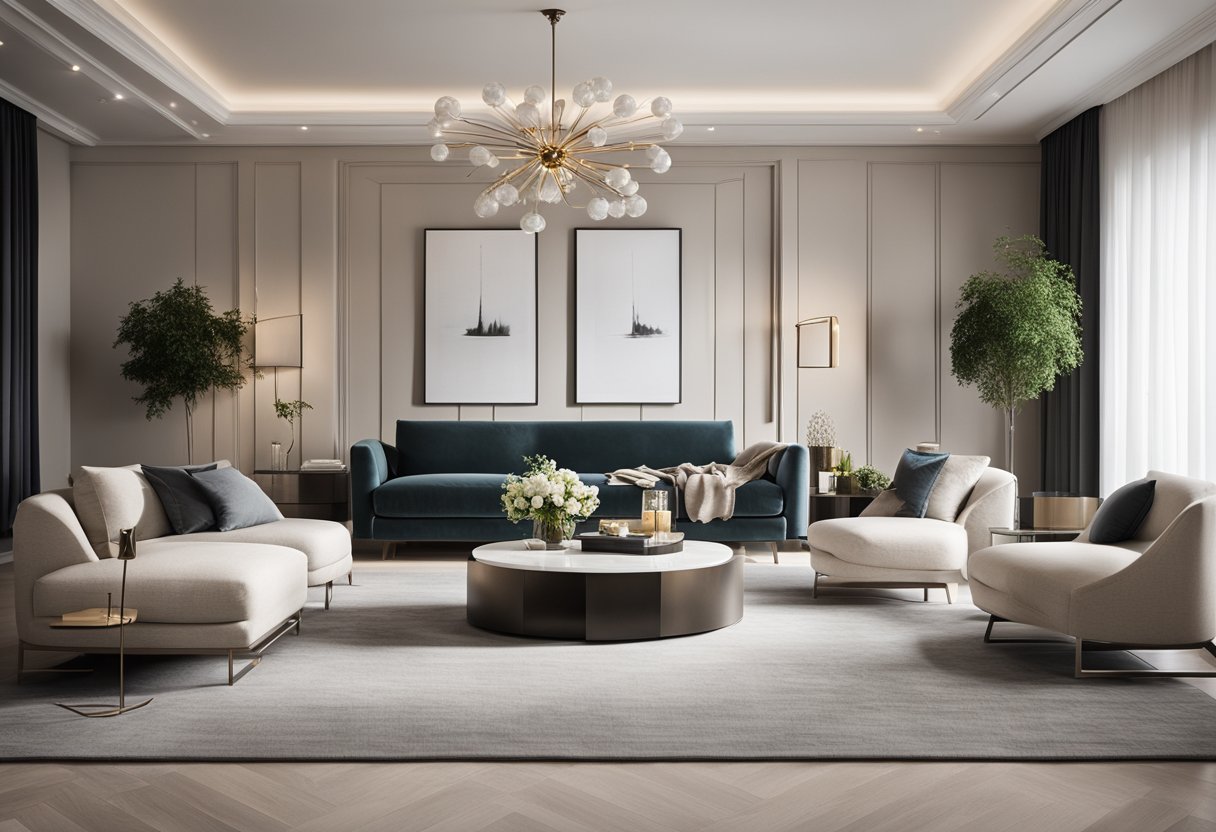 A sleek, modern living room with high-end furniture and elegant decor. Clean lines and a neutral color palette exude sophistication and luxury
