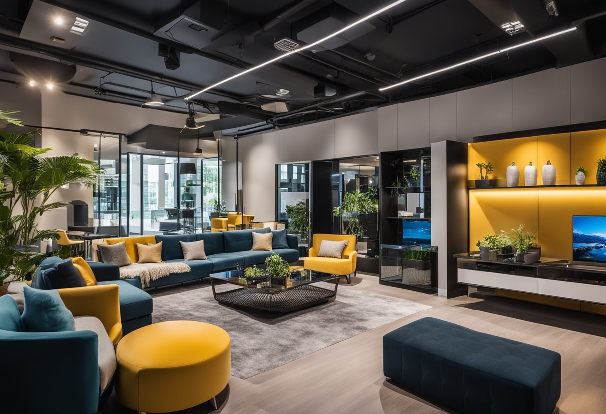 A modern, stylish interior design showroom in Klang, featuring sleek furniture, vibrant color schemes, and innovative space-saving solutions