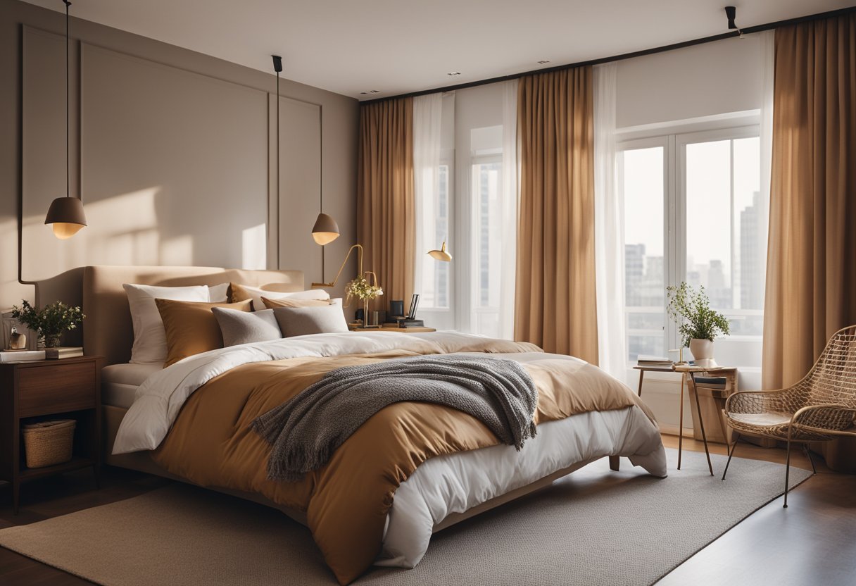 A cozy bedroom with a large, plush bed, soft lighting, and a warm color scheme. A window with flowing curtains lets in natural light, and a small desk with a chair sits in the corner