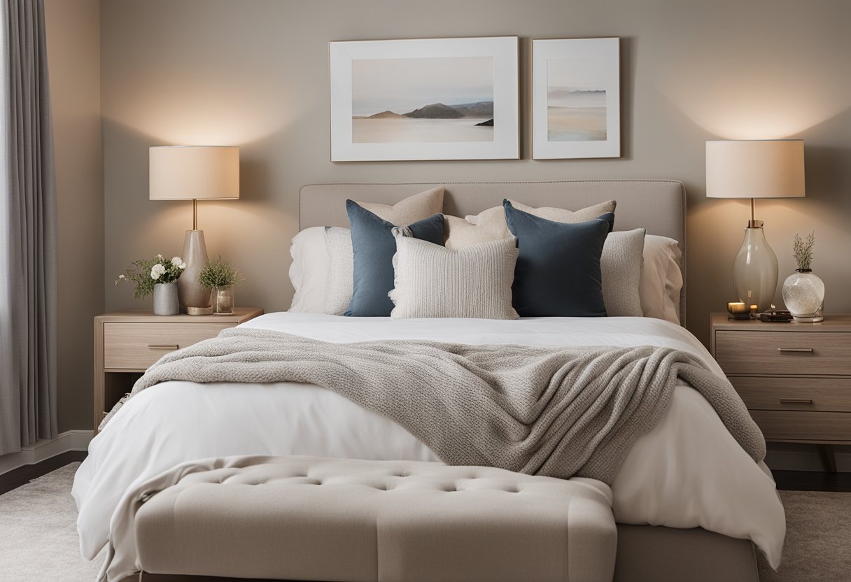 A cozy bedroom with a large, comfortable bed, soft lighting, and a stylish dresser. The room features a neutral color palette and includes decorative accents like throw pillows and artwork on the walls