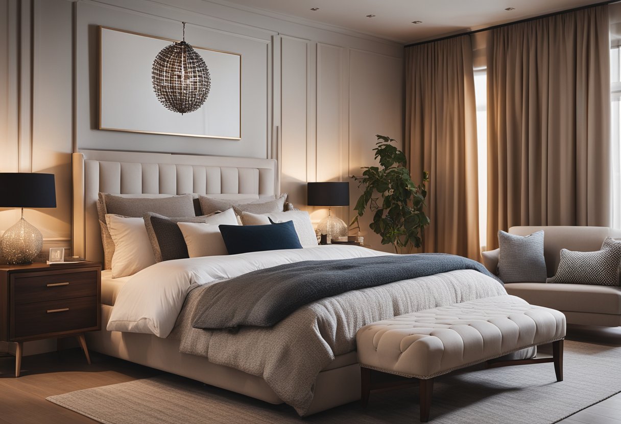 A cozy bedroom with a large, comfortable bed, soft lighting, and stylish furniture. The color scheme is warm and inviting, with decorative accents adding a touch of elegance