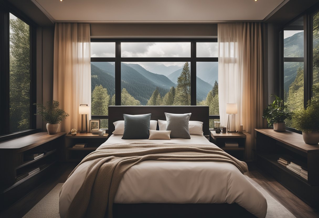 A cozy bedroom with a large bed, soft pillows, and warm lighting. A desk with a computer and neatly organized shelves. A large window with flowing curtains and a view of nature