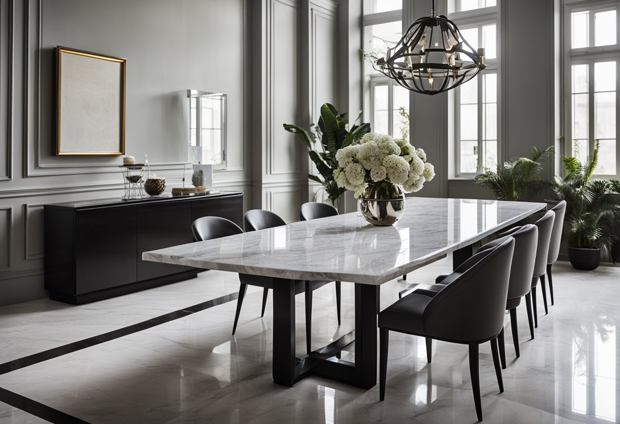 A marble dining table stands in a spacious room, bathed in natural light. The table's smooth, polished surface reflects the surrounding space, exuding elegance and luxury