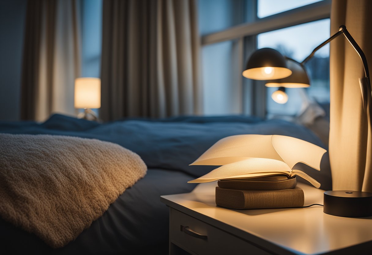 Soft, warm light spills from bedside lamps, casting a gentle glow across the room. Overhead, a dimmable ceiling fixture provides ambient lighting, while a strategically placed floor lamp illuminates a cozy reading nook